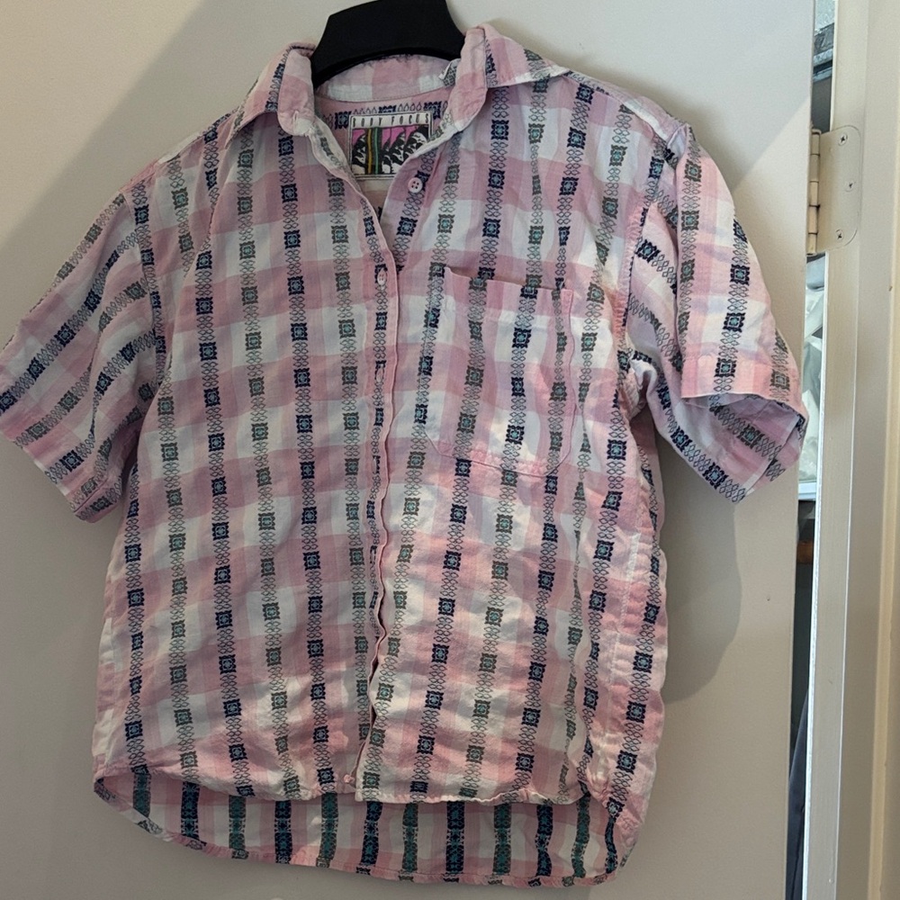 Body Focus Y2K Casual Pink & Navy Plaid Short-Sleeve Button-Up Blouse